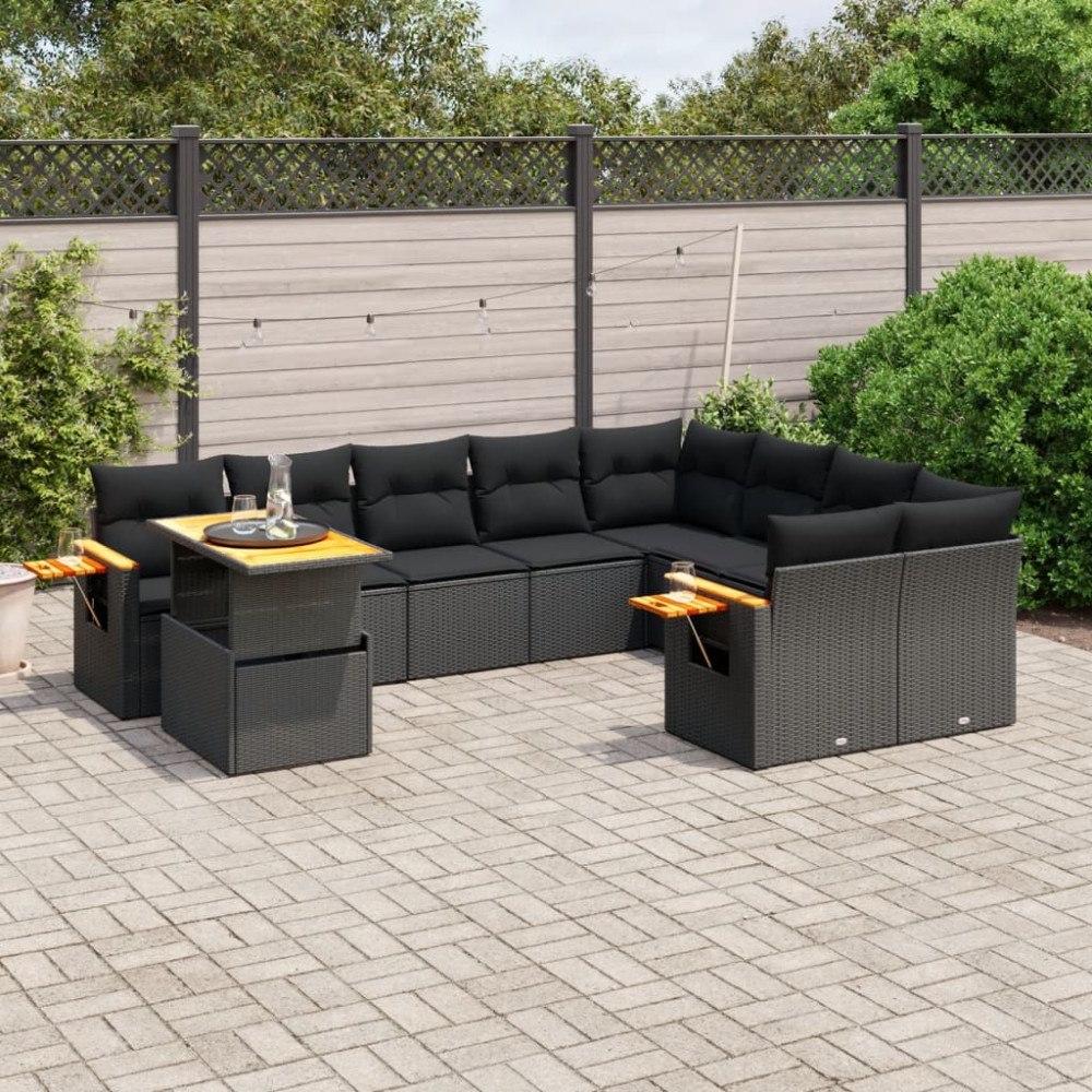 vidaXL Loungegrupp 10 delar med svarta dynor konstrotting