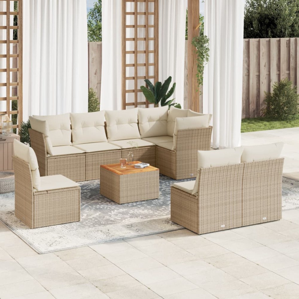 vidaXL Soffgrupp för trädgården med dynor 9 delar beige konstrotting