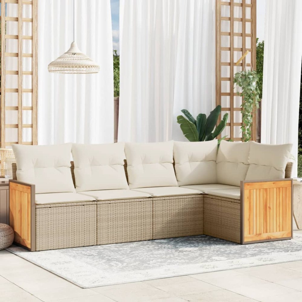 vidaXL Soffgrupp för trädgården med dynor 5 delar beige konstrotting