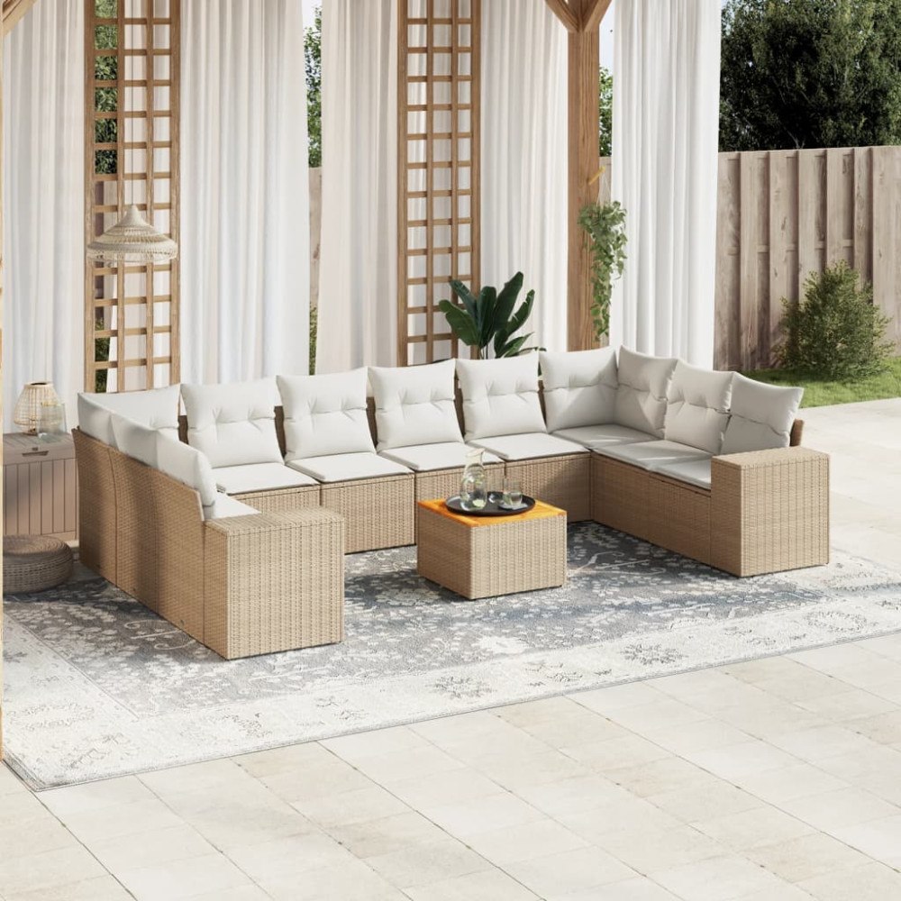 vidaXL Loungegrupp för trädgården m. dynor 11 delar beige konstrotting