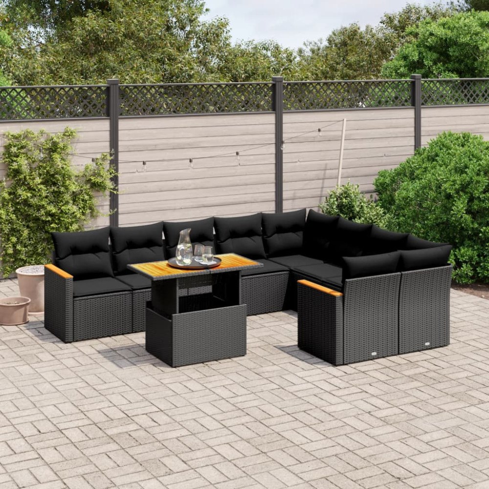 vidaXL Loungegrupp 10 delar med svarta dynor konstrotting