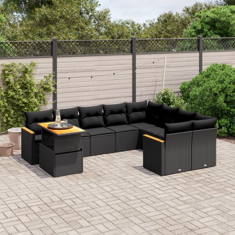 vidaXL Loungegrupp 10 delar med svarta dynor konstrotting