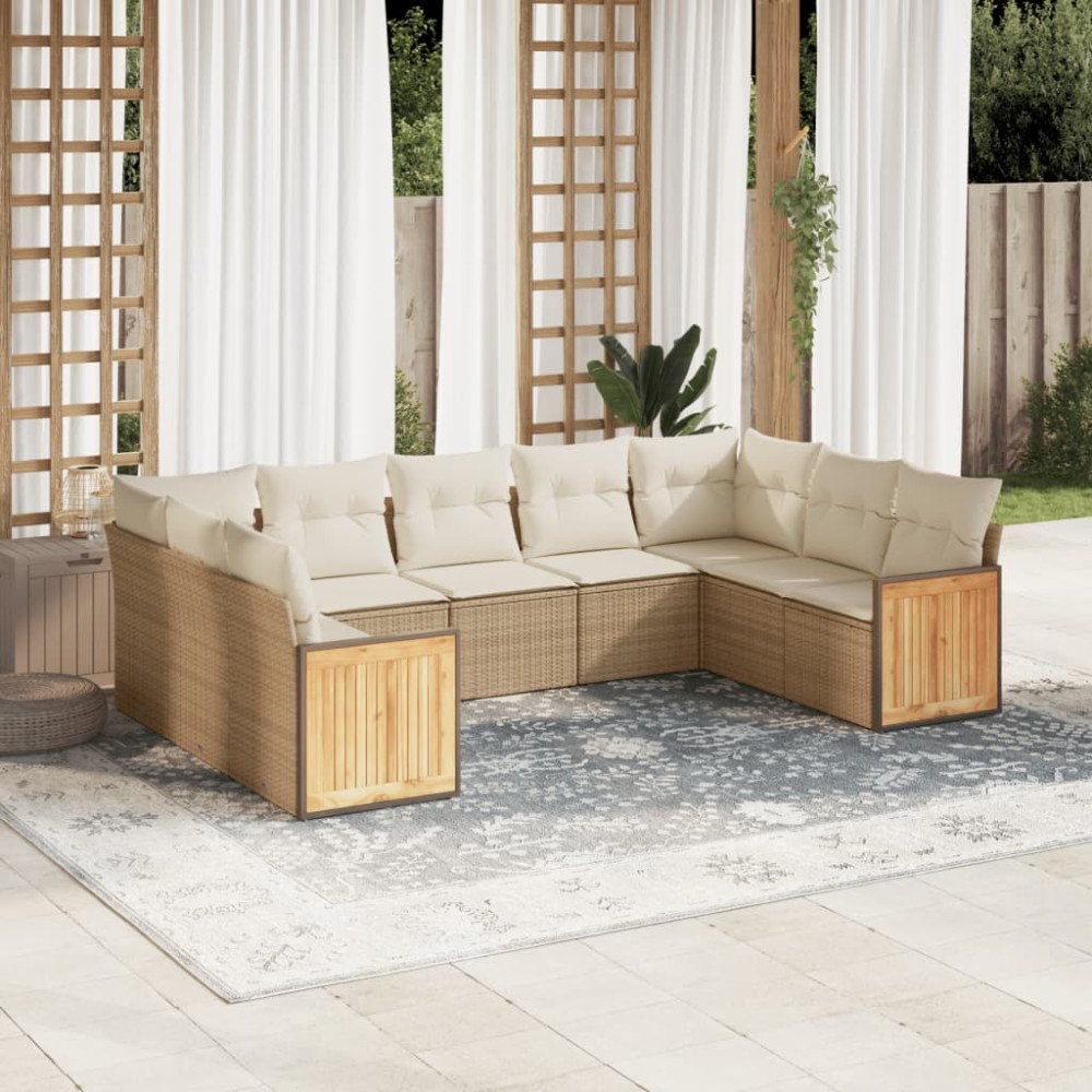 vidaXL Matgrupp för trädgården med dynor 8 delar beige konstrotting