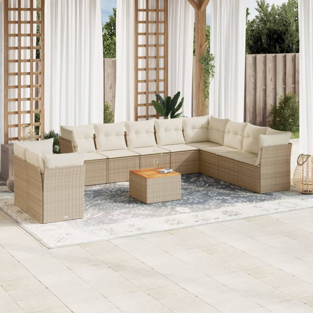 vidaXL Loungegrupp för trädgården m. dynor 11 delar beige konstrotting