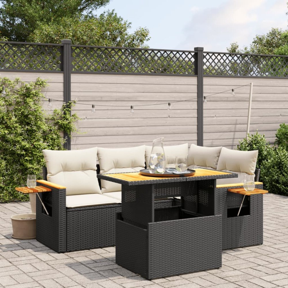 vidaXL Loungegrupp för trädgården med dynor 5 delar svart konstrotting