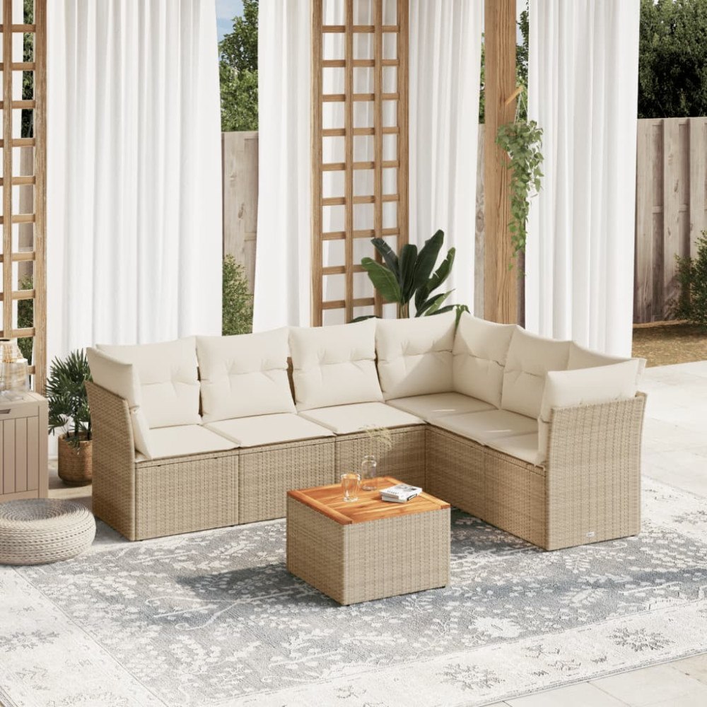 vidaXL Matgrupp för trädgården med dynor 7 delar beige konstrotting