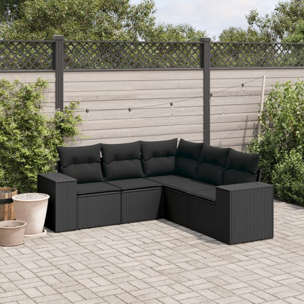 vidaXL Loungegrupp för trädgården med dynor 5 delar svart konstrotting
