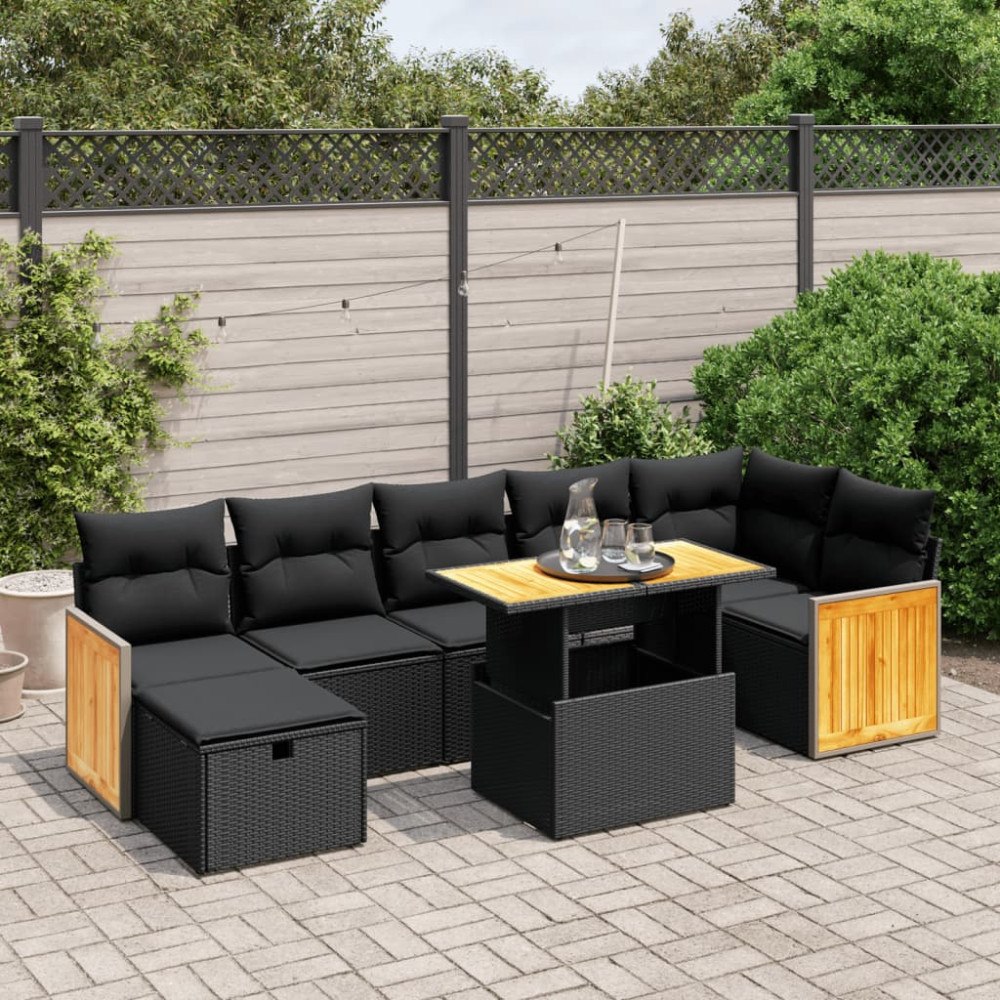 vidaXL Loungegrupp för trädgården med dynor 8 delar svart konstrotting