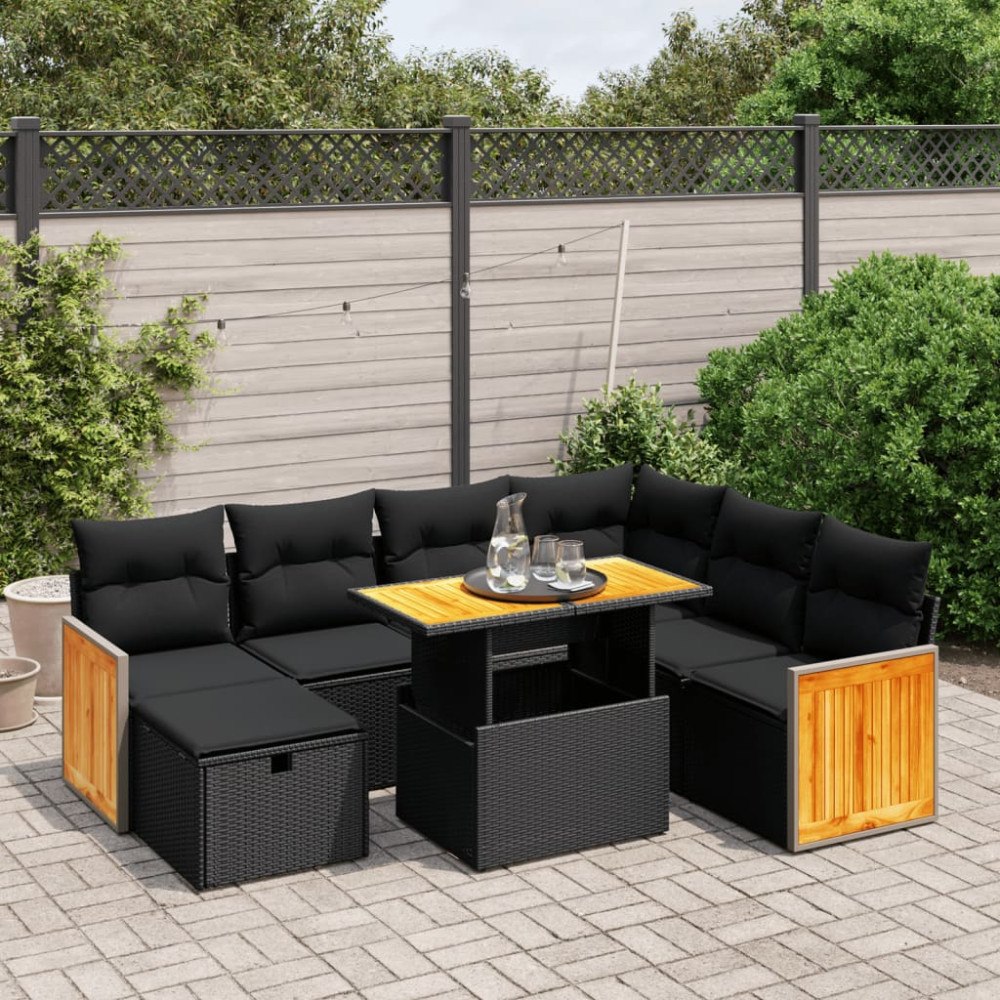 vidaXL Loungegrupp för trädgården med dynor 8 delar svart konstrotting