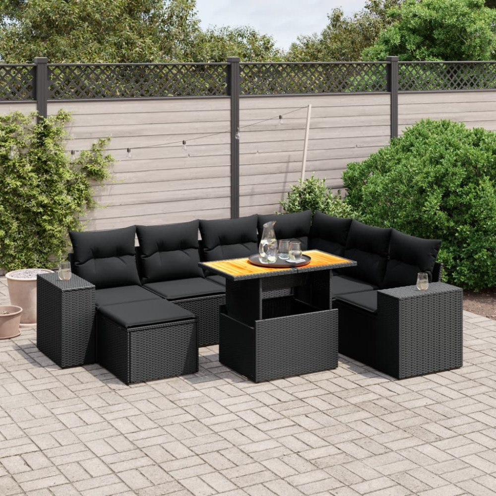 vidaXL Loungegrupp för trädgården med dynor 8 delar svart konstrotting