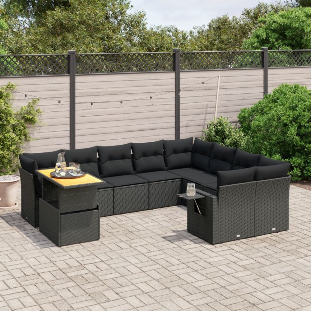 vidaXL Loungegrupp 10 delar med svarta dynor konstrotting