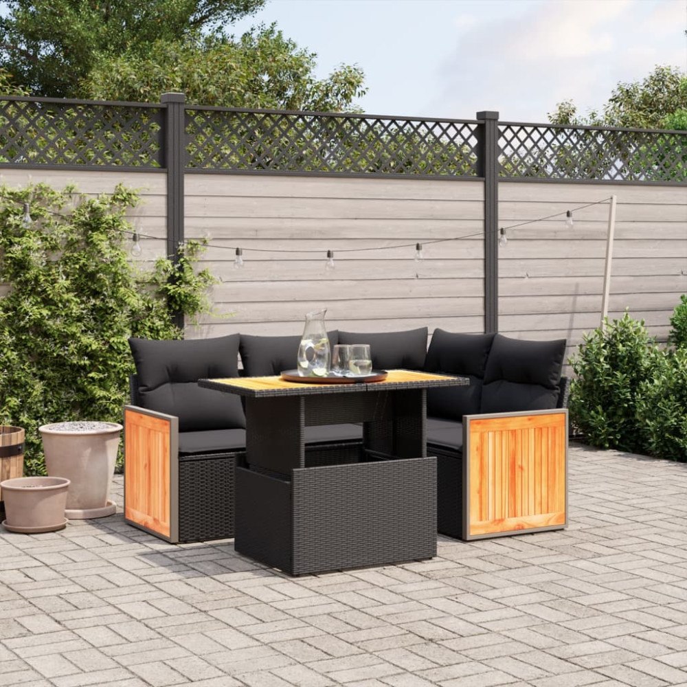 vidaXL Loungegrupp för trädgården med dynor 5 delar svart konstrotting