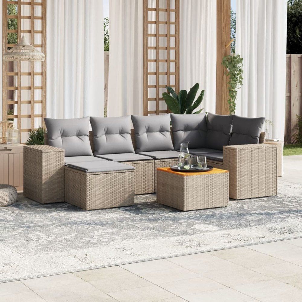 vidaXL Matgrupp för trädgården med dynor 7 delar beige konstrotting