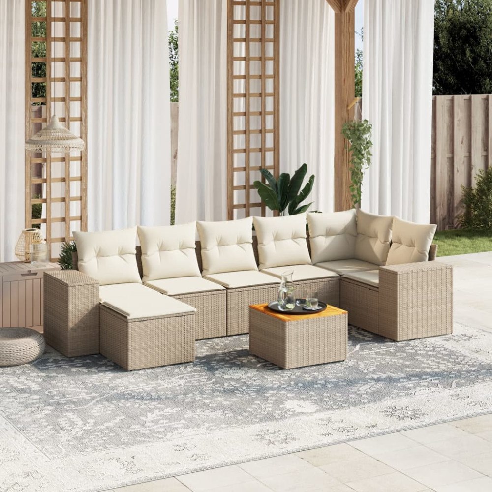 vidaXL Matgrupp för trädgården med dynor 8 delar beige konstrotting