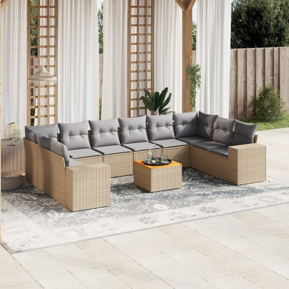 vidaXL Loungegrupp för trädgården m. dynor 11 delar beige konstrotting