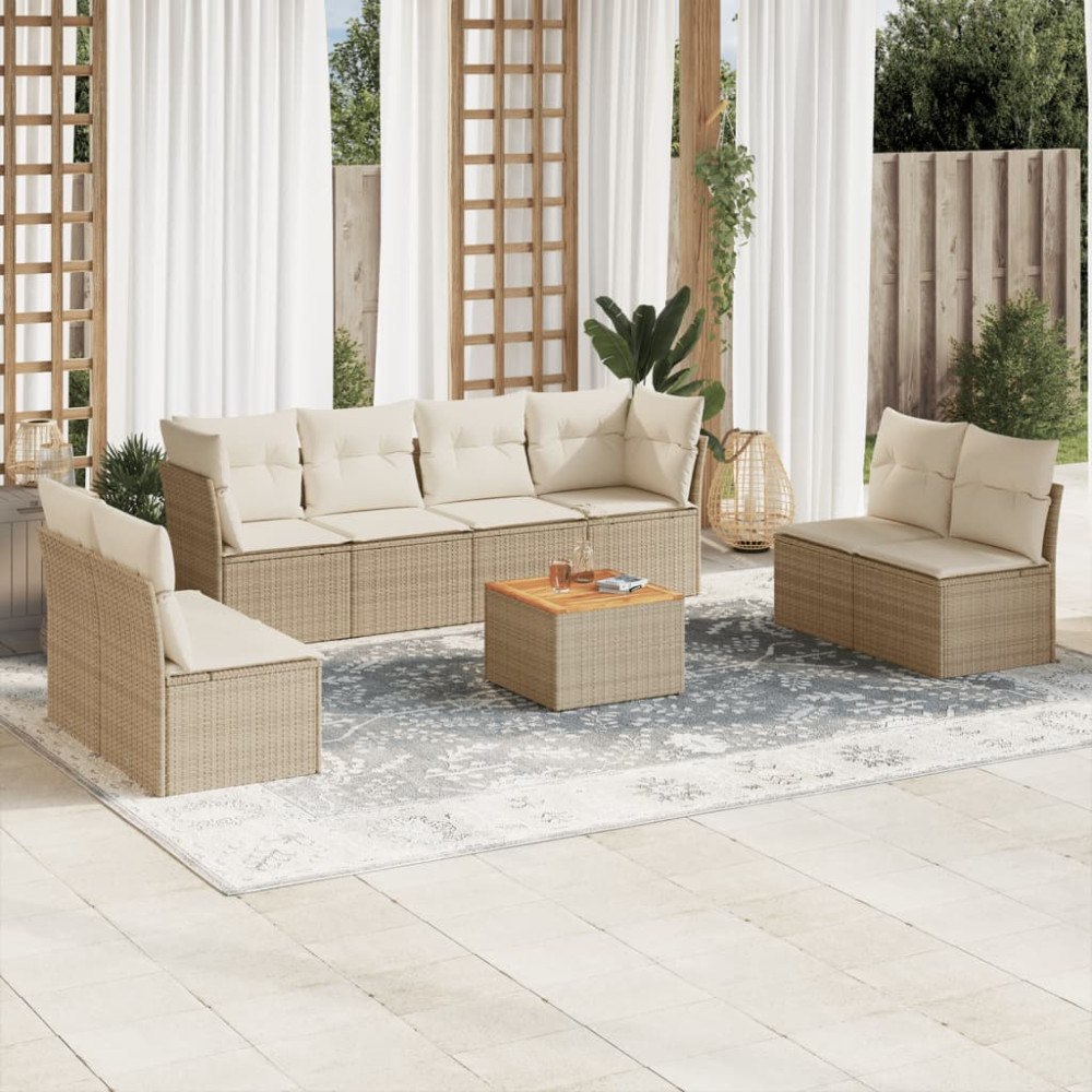vidaXL Soffgrupp för trädgården med dynor 9 delar beige konstrotting