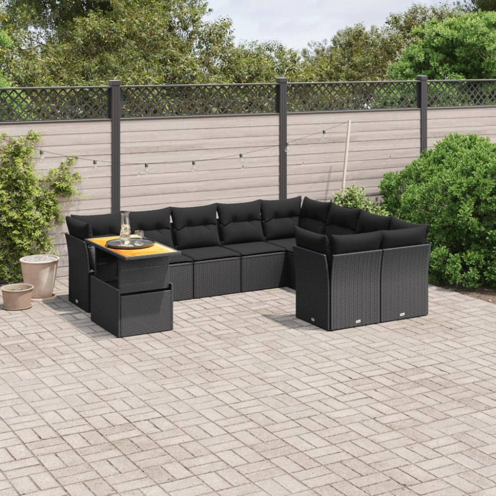 vidaXL Loungegrupp 10 delar med svarta dynor konstrotting