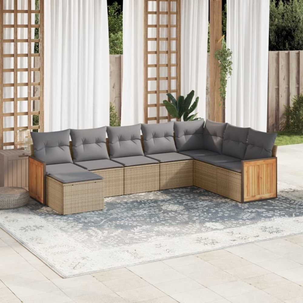 vidaXL Matgrupp för trädgården med dynor 8 delar beige konstrotting