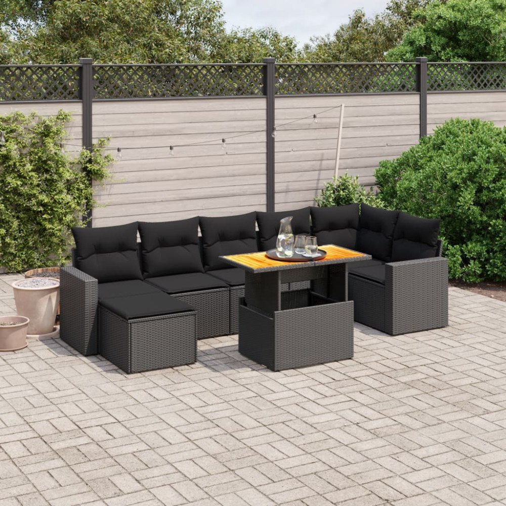 vidaXL Loungegrupp för trädgården med dynor 8 delar svart konstrotting