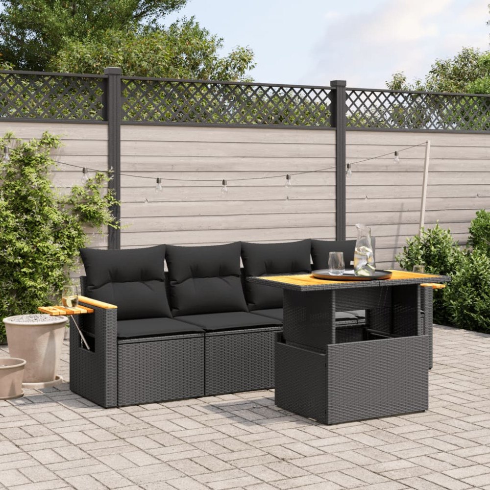 vidaXL Loungegrupp för trädgården med dynor 5 delar svart konstrotting