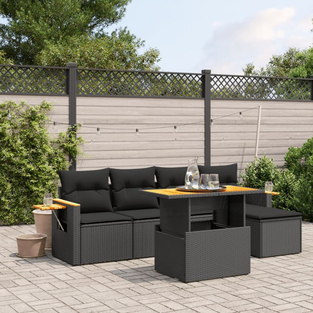 vidaXL Loungegrupp med dynor 6 delar svart konstrotting