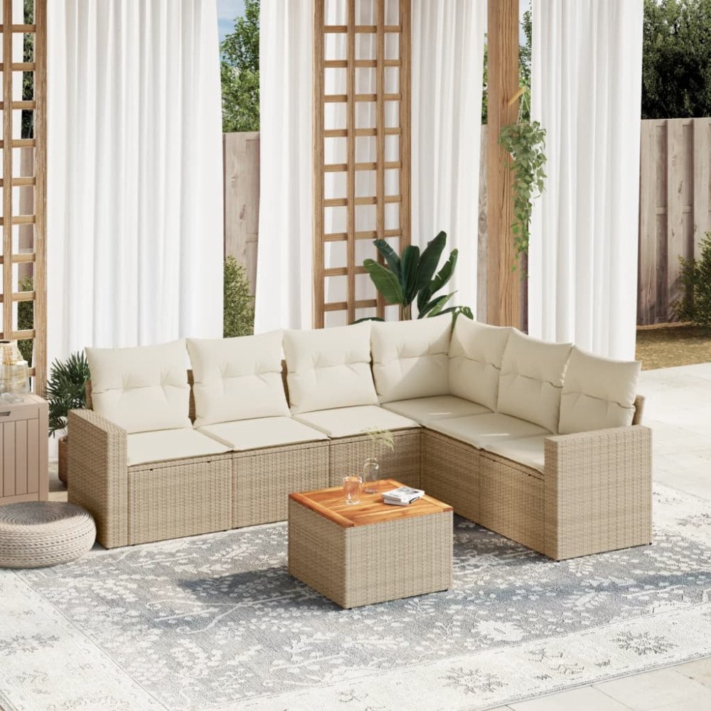 vidaXL Matgrupp för trädgården med dynor 7 delar beige konstrotting