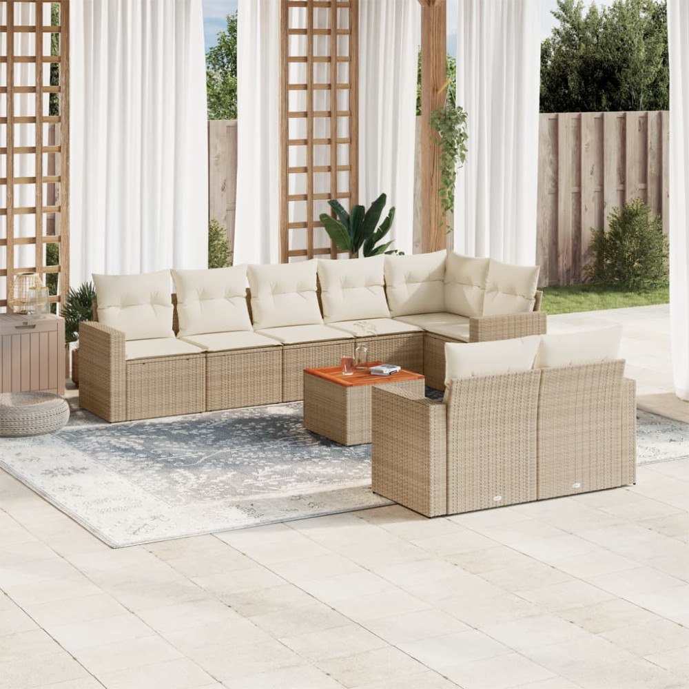 vidaXL Soffgrupp för trädgården med dynor 9 delar beige konstrotting