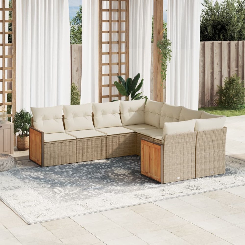 vidaXL Matgrupp för trädgården med dynor 8 delar beige konstrotting