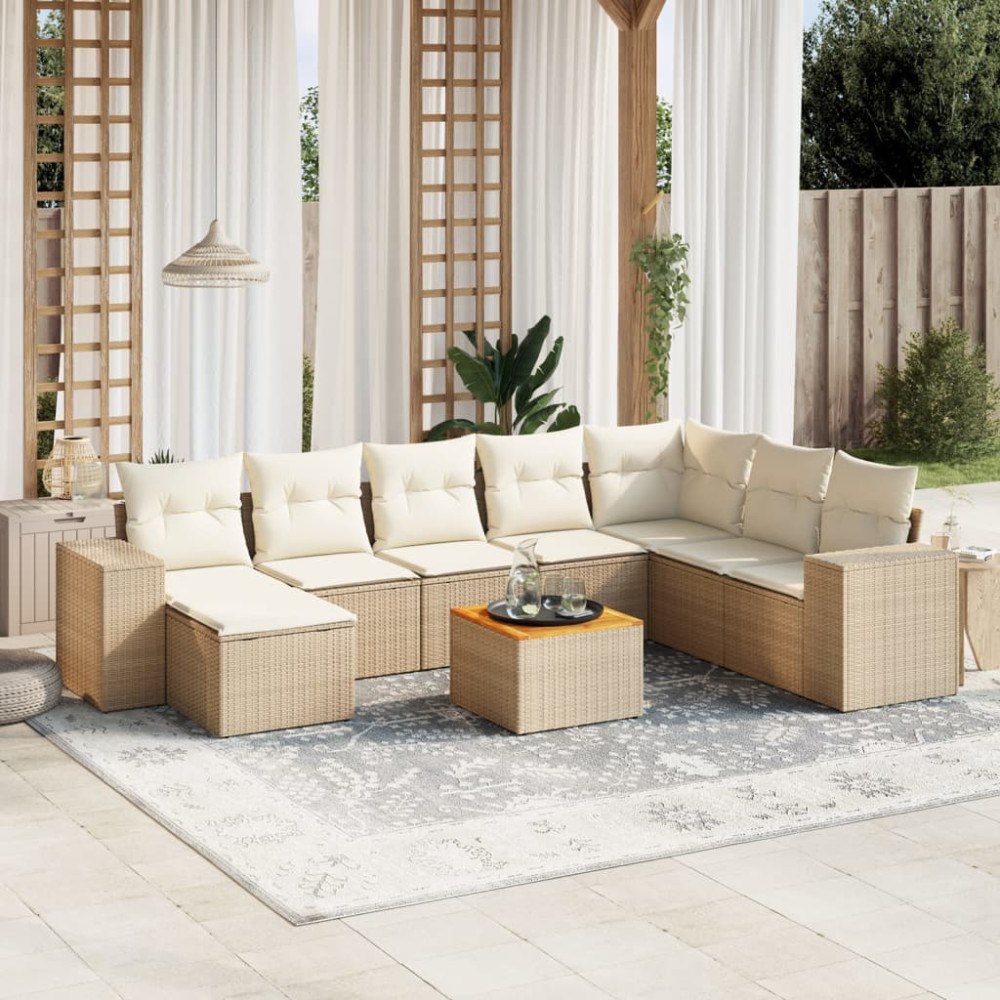vidaXL Soffgrupp för trädgården med dynor 9 delar beige konstrotting