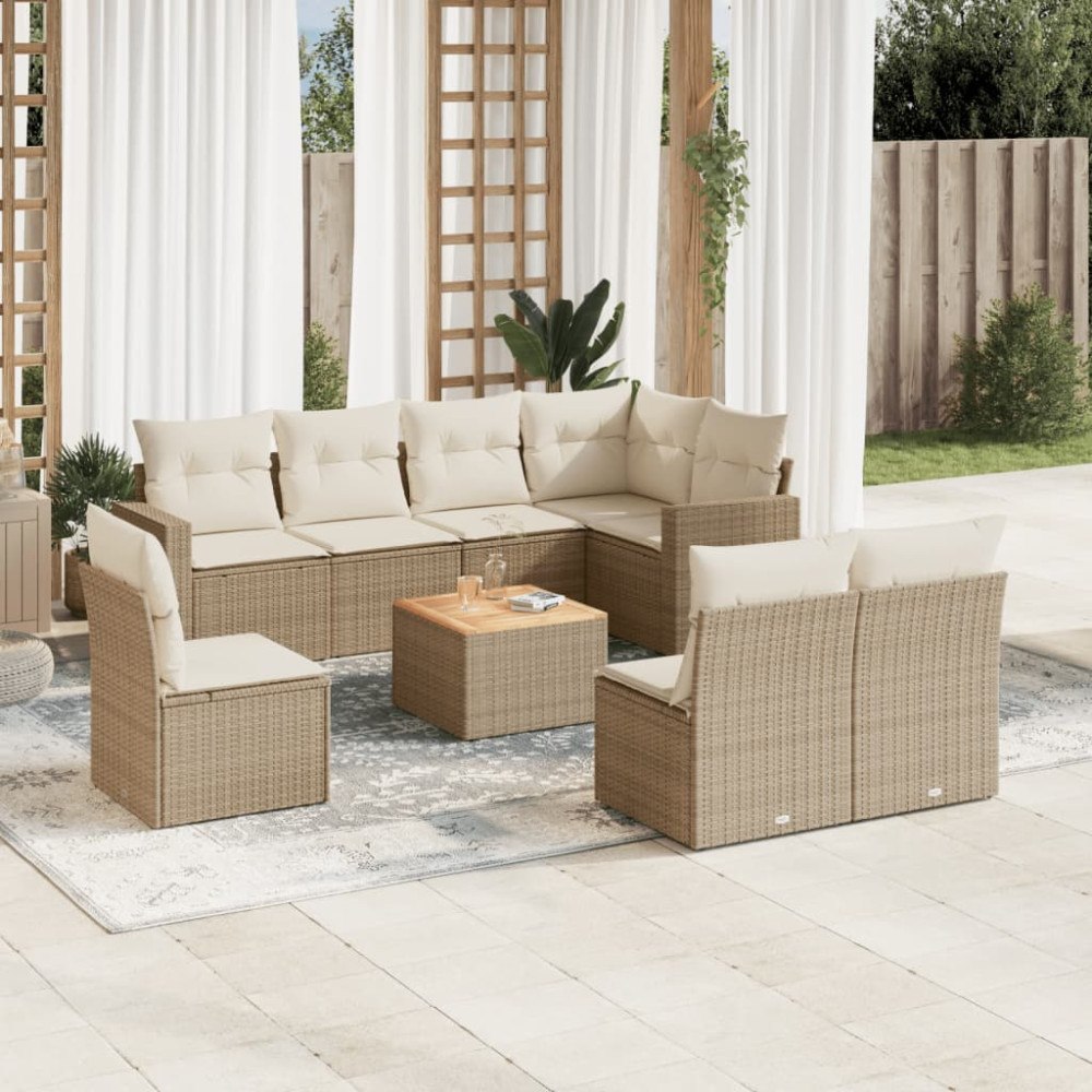 vidaXL Soffgrupp för trädgården med dynor 9 delar beige konstrotting