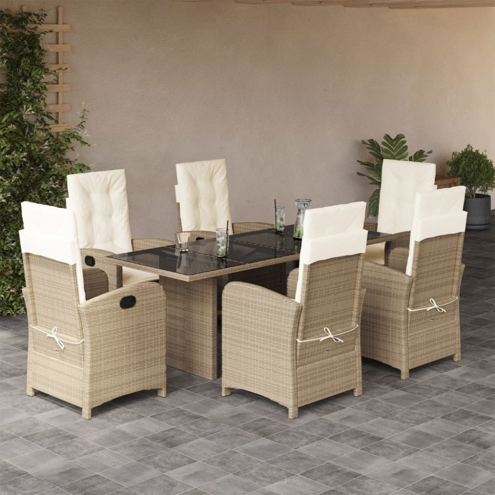 vidaXL Matgrupp för trädgården med dynor 7 delar beige konstrotting