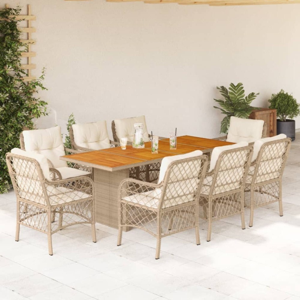 vidaXL Matgrupp för trädgården med dynor 9 delar beige konstrotting