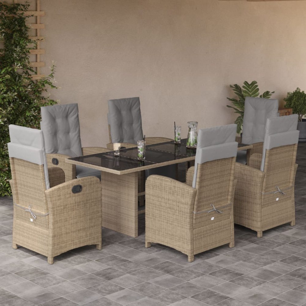 vidaXL Matgrupp för trädgården med dynor 7 delar beige konstrotting