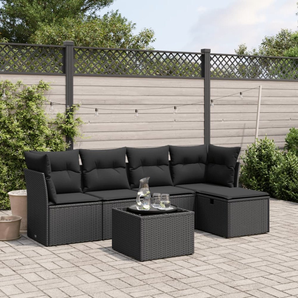vidaXL Loungegrupp med dynor 6 delar svart konstrotting