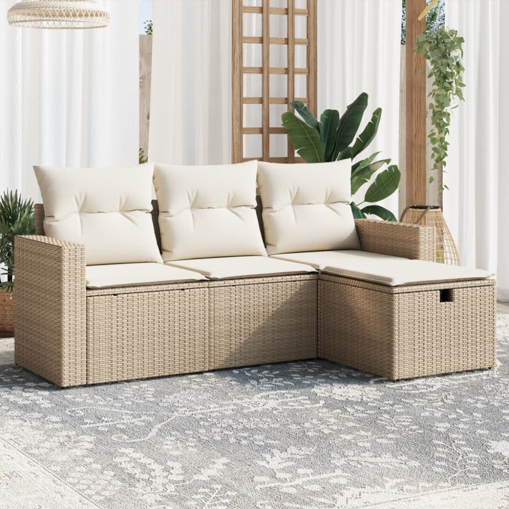 vidaXL Soffgrupp för trädgård med dynor 4 delar beige konstrotting