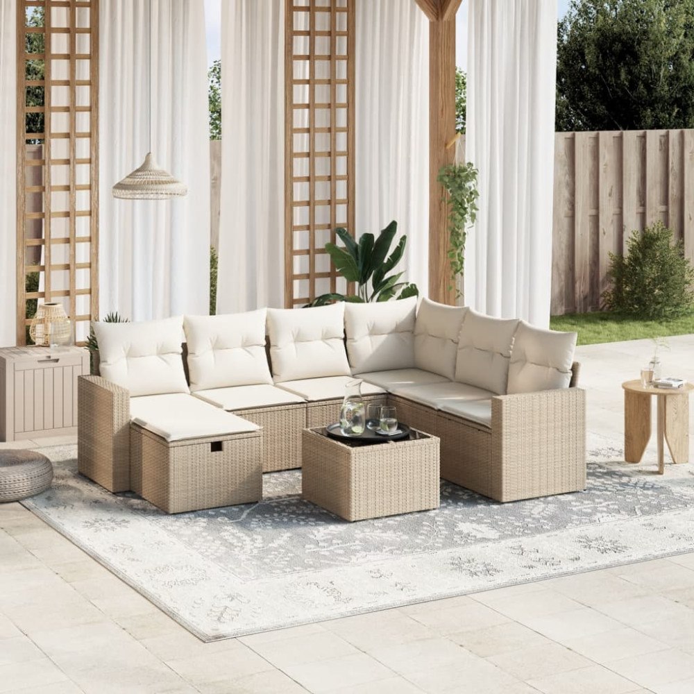 vidaXL Matgrupp för trädgården med dynor 8 delar beige konstrotting
