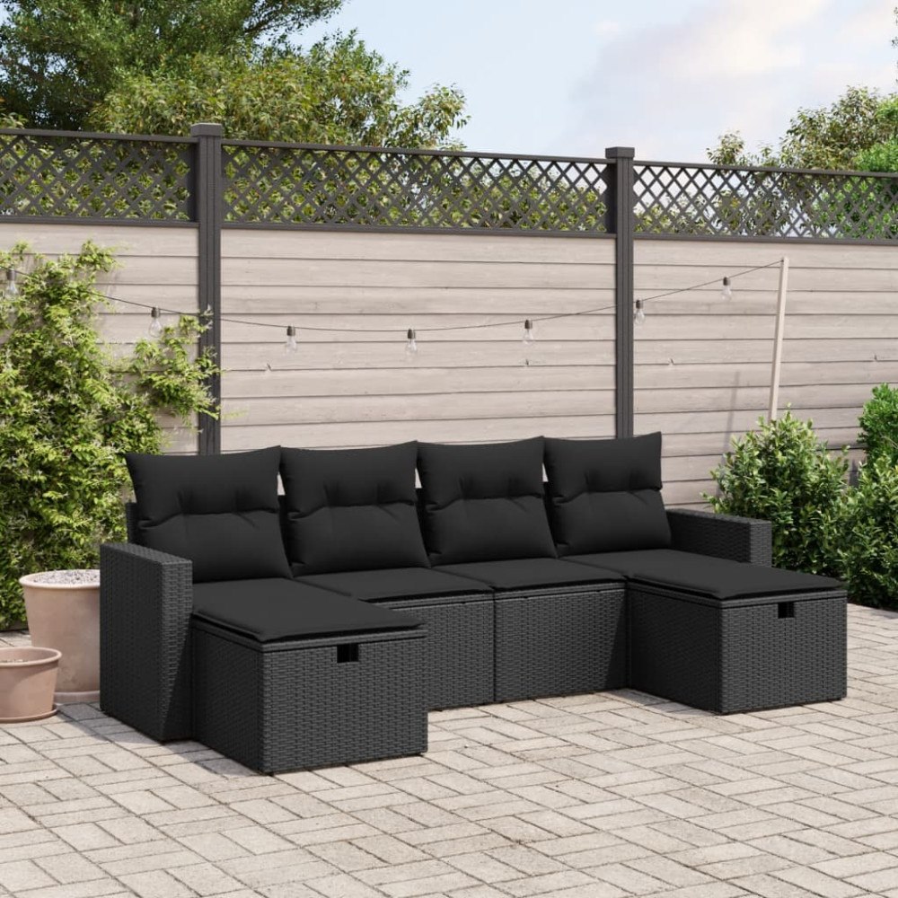 vidaXL Loungegrupp med dynor 6 delar svart konstrotting