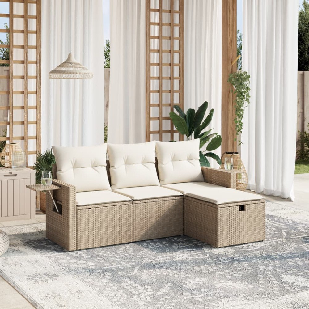 vidaXL Soffgrupp för trädgård med dynor 4 delar beige konstrotting