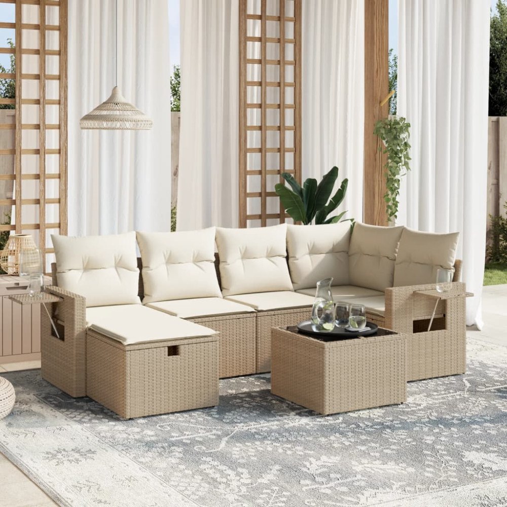 vidaXL Matgrupp för trädgården med dynor 7 delar beige konstrotting