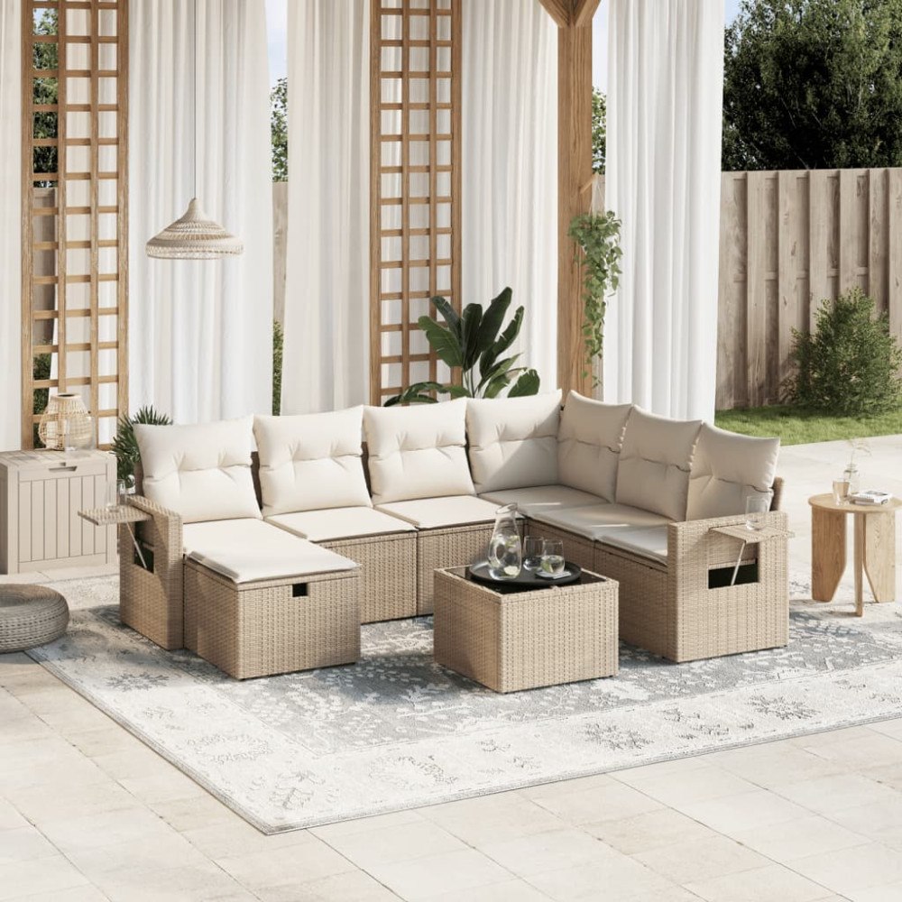 vidaXL Matgrupp för trädgården med dynor 8 delar beige konstrotting