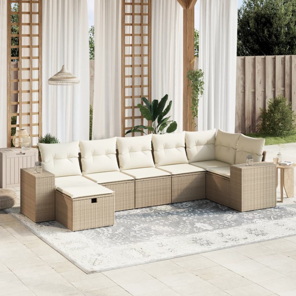 vidaXL Matgrupp för trädgården med dynor 7 delar beige konstrotting
