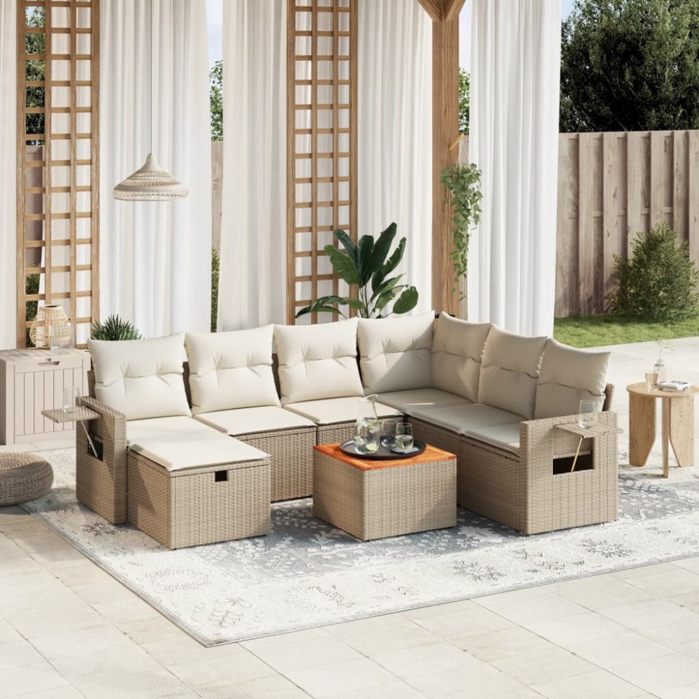 vidaXL Matgrupp för trädgården med dynor 8 delar beige konstrotting