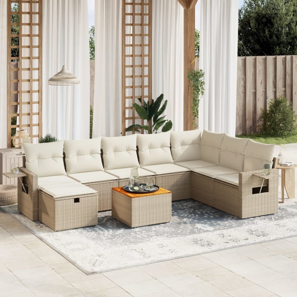 vidaXL Soffgrupp för trädgården med dynor 9 delar beige konstrotting