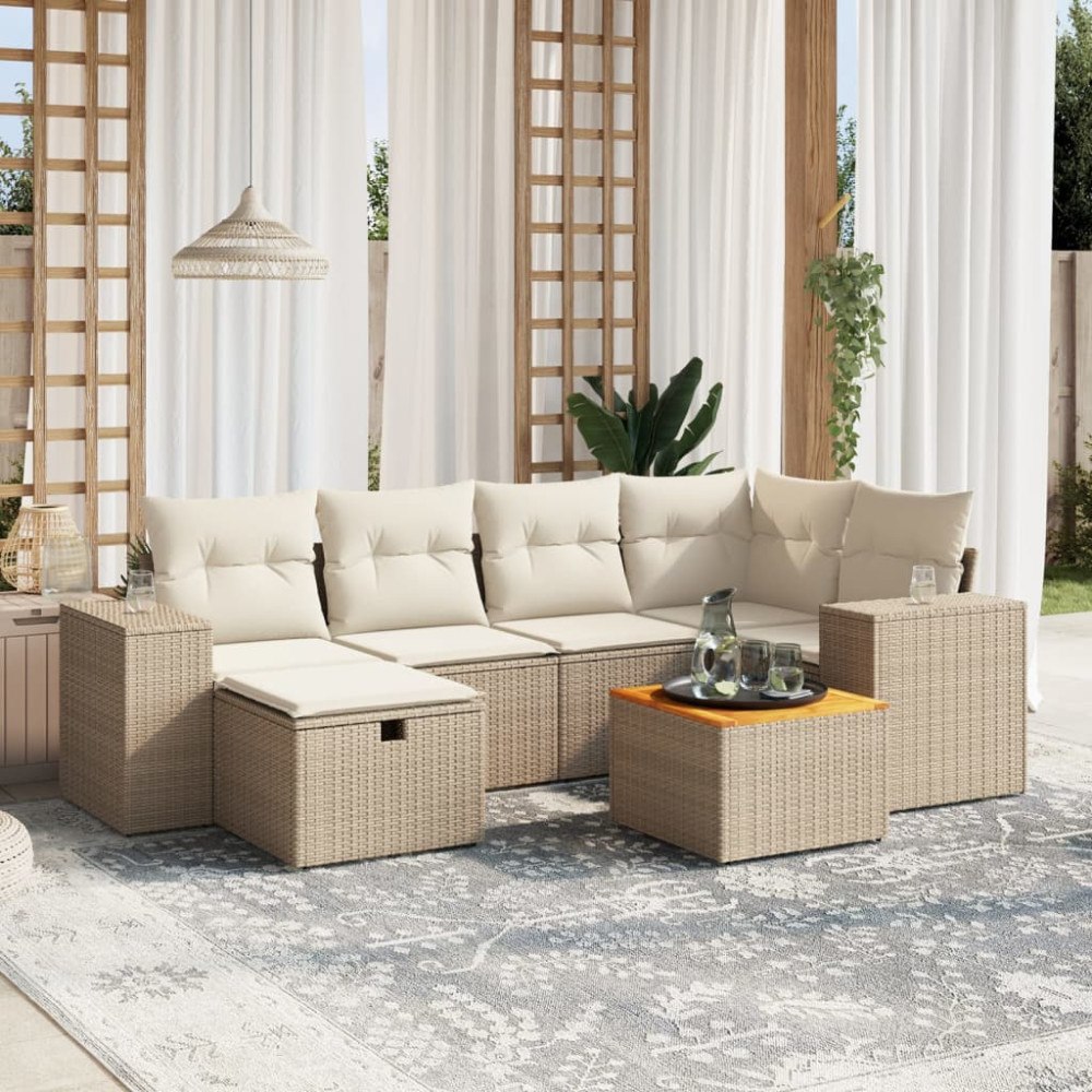 vidaXL Matgrupp för trädgården med dynor 7 delar beige konstrotting