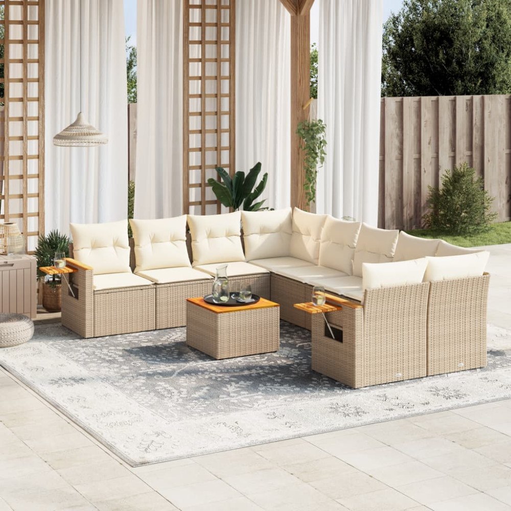 vidaXL Soffgrupp för trädgården med dynor 9 delar beige konstrotting