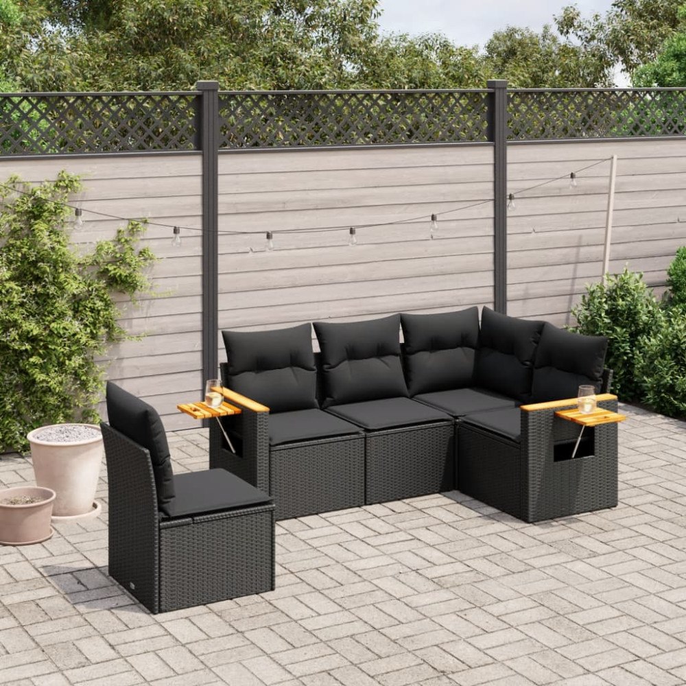 vidaXL Loungegrupp för trädgården med dynor 5 delar svart konstrotting