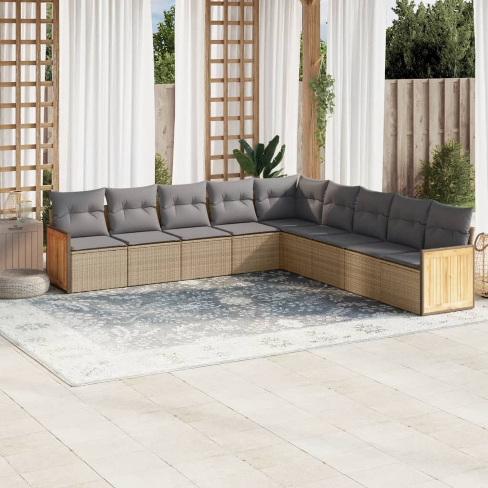 vidaXL Soffgrupp för trädgården med dynor 9 delar beige konstrotting