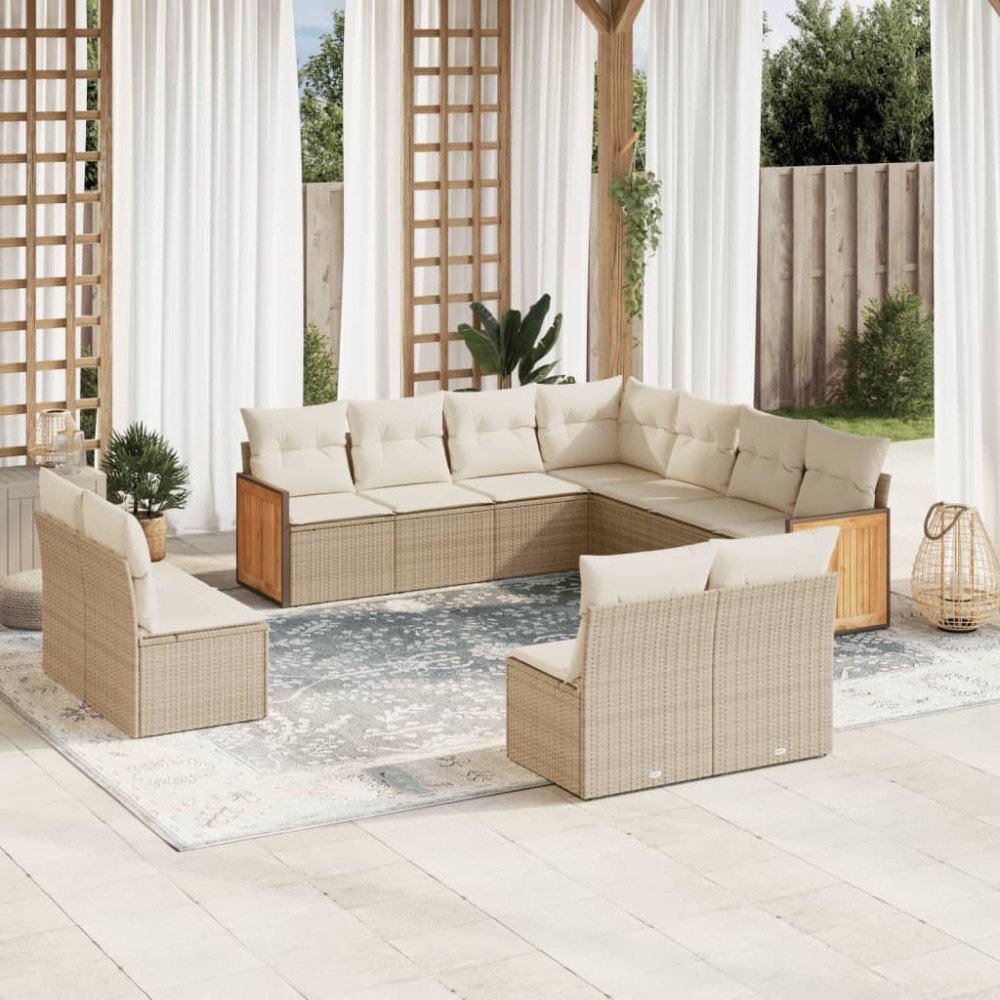 vidaXL Loungegrupp för trädgården m. dynor 11 delar beige konstrotting