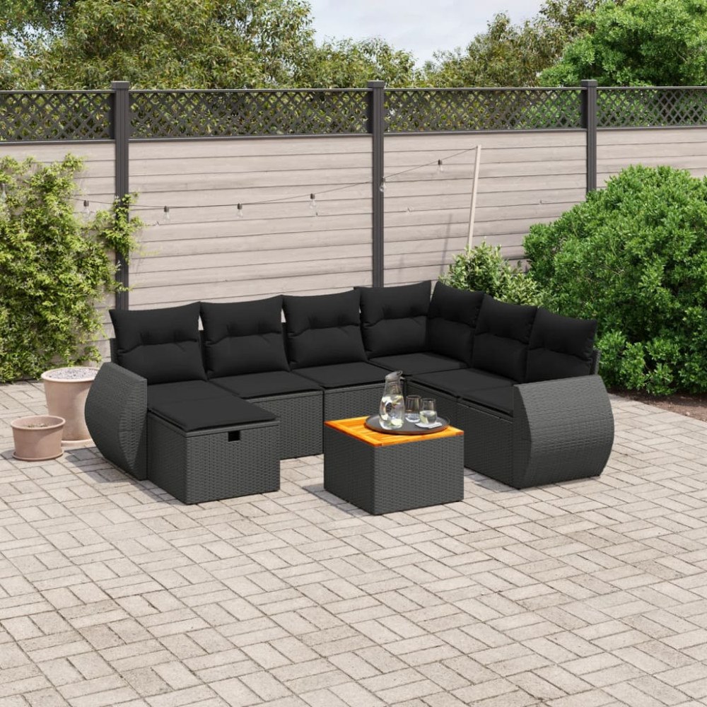 vidaXL Loungegrupp för trädgården med dynor 8 delar svart konstrotting