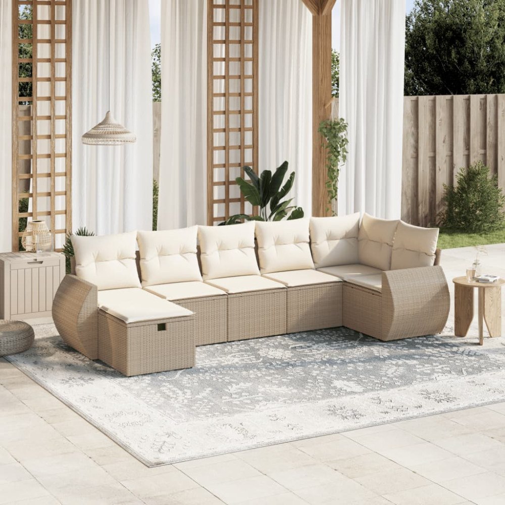 vidaXL Matgrupp för trädgården med dynor 7 delar beige konstrotting
